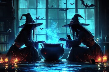 Halloween night background. The witch is brewing a potion in a cauldron on the background of a full moon over the castle