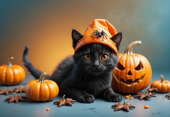 Wall Mural - Halloween card, many pumpkins and a beautiful black cat