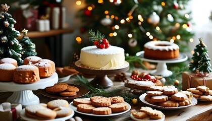 Wall Mural - Charming holiday dessert spread with decorated cakes, cookies, and a beautifully adorned Christmas tree surrounded by festive gifts in a warm indoor atmosphere