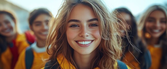 Wall Mural - Happy young woman smiling with her friends in the background