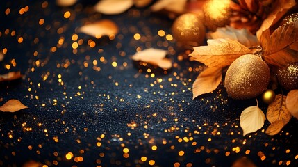 Canvas Print - Festive Golden Bokeh & Autumn Leaves Background