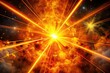 © Achiraya - Vibrant orange and yellow laser beams radiate from a central point, surrounded by swirling smoke and bursts of intense, star-like flares in a dark background.