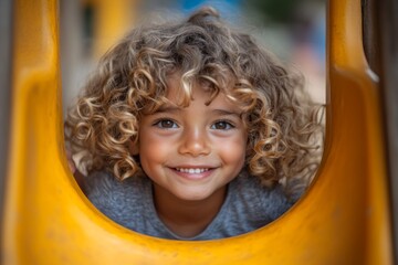 Portrait of a cute little boy with curly hair on an outdoor playground