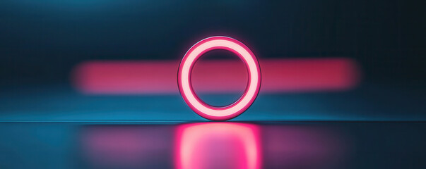 A glowing circular shape with vibrant pink hue stands out against dark background, creating striking visual effect. reflection adds depth and intrigue to composition