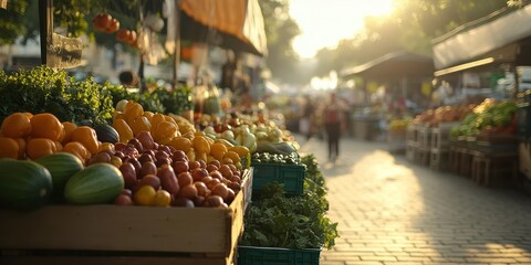 Vibrant market scene at sunset showcasing fresh fruits and vegetables in wooden crates, creating a warm, inviting atmosphere.