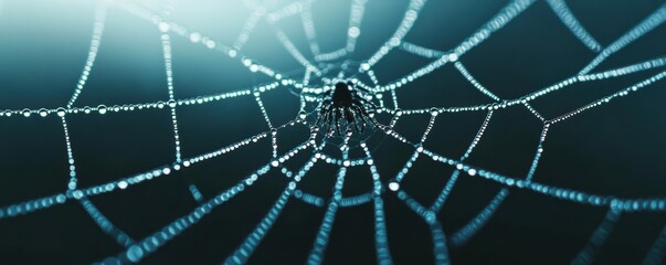 Macro shot of a spider's web adorned with sparkling dew drops, capturing the intricate beauty of nature and the delicate artistry of a spider weaving its web in the morning light.