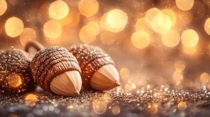 Poster - Golden Acorn Ornaments with Sparkling Bokeh Background