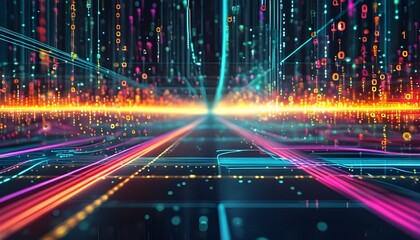 Dynamic abstract visualization of a digital circuit featuring glowing lines, binary code, and vibrant patterns symbolizing data flow and technological innovation