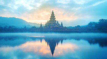 Wall Mural - Beautiful ancient asian temple at sunset 