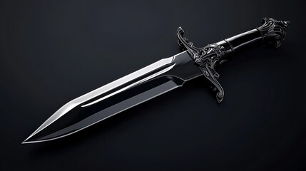 The photorealistic black dagger, with its sleek, dark blade and ornate hilt, is isolated in dramatic lighting, emphasizing its sharpness and intricate craftsmanship.

