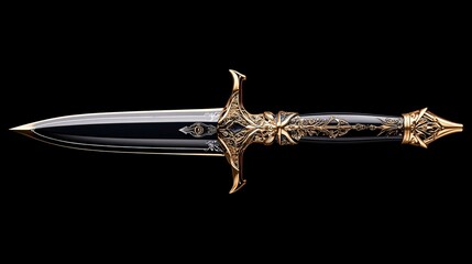 The photorealistic black dagger, featuring a sleek, dark blade and intricate hilt, is isolated in dramatic lighting to showcase its sharpness and elegant craftsmanship.

