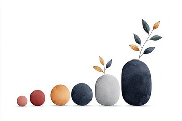 A modern decorative arrangement of abstract stones with leaves, showcasing a gradient of colors to symbolize growth and nature.