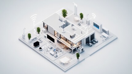 Wall Mural - A 3D render of a wireless network, with devices connected through various access points in a smart home or office.