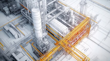 Industrial Plant Sketch Design with Yellow Pipes