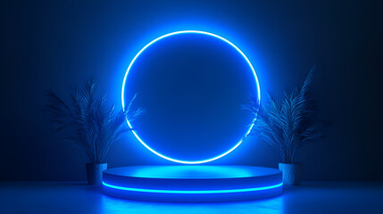 Stage or podium pedestal with blue neon round light product background, stand show cosmetic product, Blank Pedestal minimal concept template, Futuristic showcase for product presentation,Neon round 