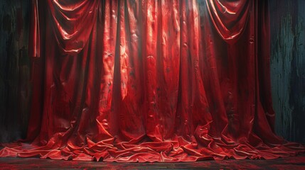 Luxurious red velvet theater curtain with dramatic folds and rich texture. Ideal for theater, performance, stage, or interior design visuals.