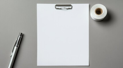 A blank white note paper held with a silver paper clip and adhesive tape at the top corner, resting on a modern office desk.