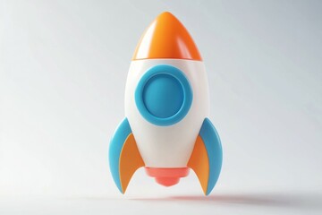 3D icon of a rocket, simple design, blue and orange gradient color with a white background.