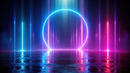 Futuristic neon abstract background with large central object reflecting light on wet surface