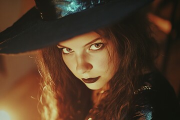 Halloween, beautiful woman dressed as a witch, looking at camera