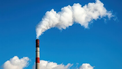 A factory chimney spitting out white smoke against the blue sky, with clouds floating in front of it Generative AI