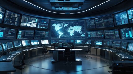 Wall Mural - A fully-equipped IT network control room, featuring multiple screens showing real-time data flow and network health.