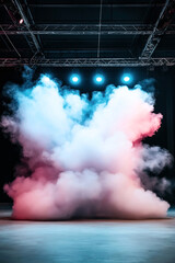 Wall Mural - A colorful stage setup with artificial fog lit by vibrant blue and pink lights. The smoke effects create a dynamic and dramatic atmosphere.