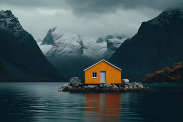 Wall Mural - yellow, cabin, shore, mountains, ai, mountain, house, landscape, lake, sky, nature, alps, norway, water, summer, village, snow, clouds, travel, green, chalet, alpine, hut, reflection, farm, meadow, ba