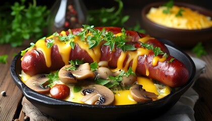 Savory Breakfast Casserole Loaded with Sausage, Mushrooms, and Cheese, Garnished with Fresh Herbs