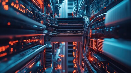 Wall Mural - A top-down view of a server room with organized network cables and advanced networking equipment, emphasizing efficiency.