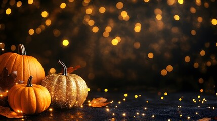 Poster - Golden Pumpkin with Lights for Autumn Background