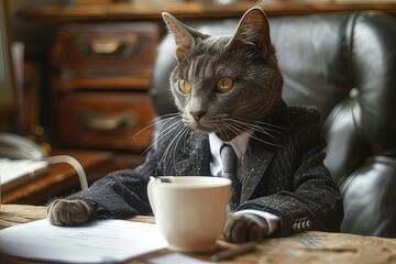 A sophisticated cat dressed in a suit sits at a desk with a cup of coffee during a quiet afternoon meeting