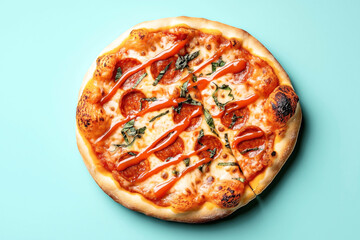 Wall Mural - Close-up of a pepperoni pizza with melted cheese, tomato sauce, basil leaves, and drizzled hot sauce on a light blue background.