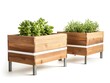 © Hesti - Two wooden raised garden beds with metal legs and white trim. Each bed is filled with green leafy plants.