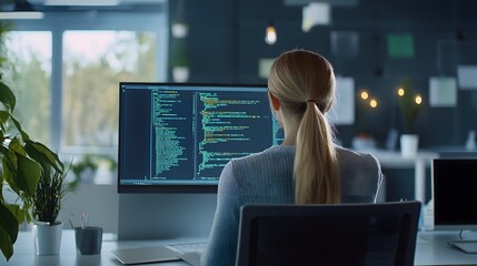 woman coding at a computer with green code on screen