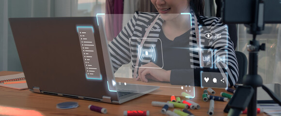 Content creator Live Streaming concept, talking interacting chatting with viewers on laptop live broadcasting occupation creative ideas online digital internet, with graphical icons.