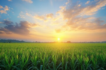 Wall Mural - Environment. Beautiful Asian Country Agriculture Harvest Landscape with Green Cornfield and Sunset Sky