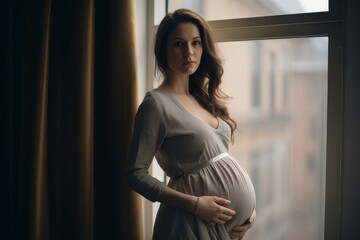 Expectant mother in a cozy setting gazing out the window during golden hour light