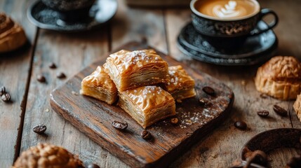 Wall Mural - Turkish pastries on a wooden table with coffee
