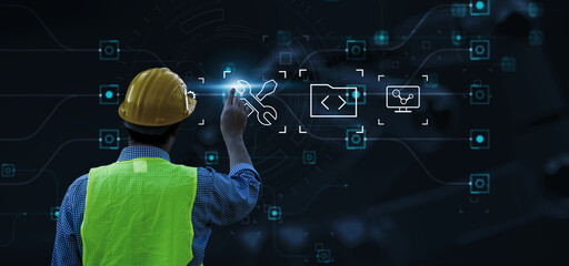 Software engineering designing programming code application softwares development using AI digital artificial intelligence, computer internet technology industry graphical icon, banner background.