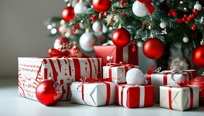 Poster - Whimsical red and white Christmas trees decorated with gifts and ornaments against a light background