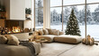 © Soloviova Liudmyla - Cozy modern living room features warm fireplace, beautifully decorated Christmas tree near big window with snowy winter landscape. Neutral tones, soft furnishings create serene holiday atmosphere