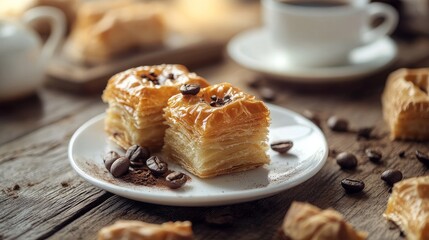 Wall Mural - Turkish pastries on a wooden table with coffee
