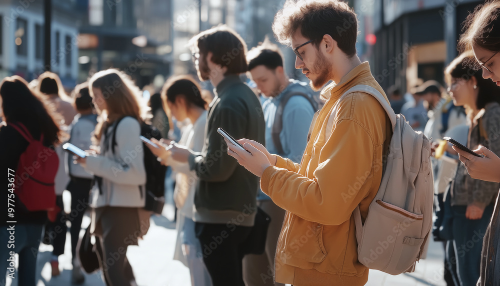 crowd of people walking on a city street, each holding a phone and ...
