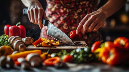 Culinary Arts and Food Preparation Photography. Chef chops fresh vegetables on a wooden cutting board in a busy kitchen