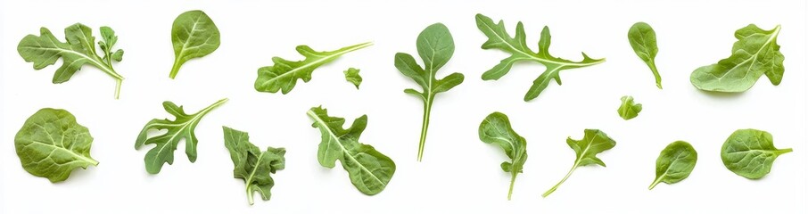 Poster - A set of green rocket salads, isolated on a white background, with leaves isolated on top.Healthy, organic salad vegetables.