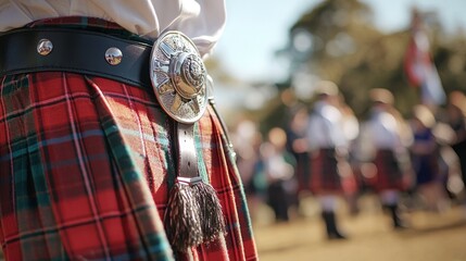 At a cultural gathering, surrounded by greenery and an audience, a group of men wearing colorful kilts engages in traditional activities.