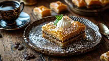 Wall Mural - Turkish pastries on a wooden table with coffee
