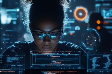 Leinwandbilder - At night, a woman thinks about data analytics, information technology, and software overlay. A computer expert with an algorithm, statistics, and cybersecurity research on her laptop.