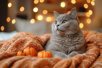 Canvas Print - The kitten sits on the sofa near the pumpkin used as a jack-o'-lantern